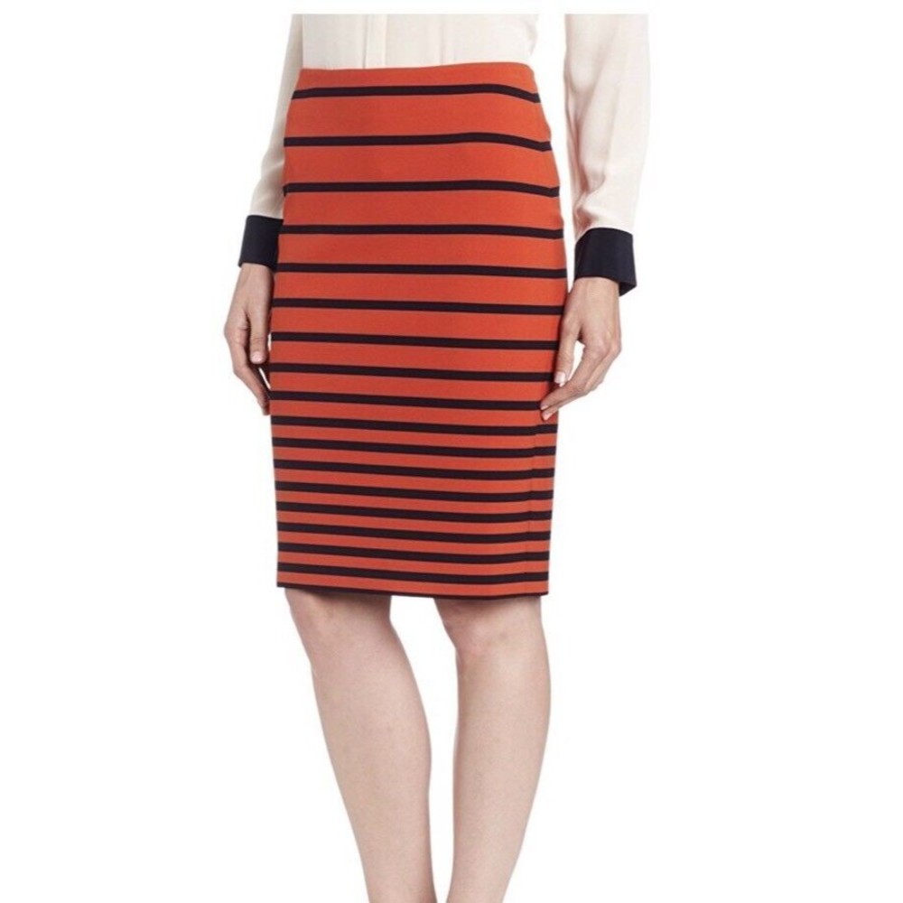 Halston Heritage‎ Striped Sweater Knit High Waist Orange Pencil Skirt Size 2